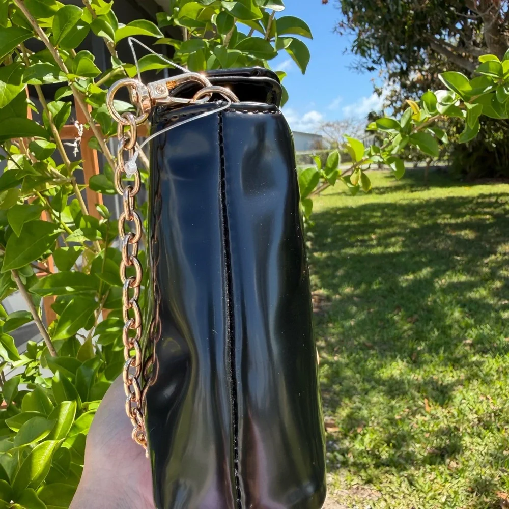JUICY COUTURE Overstated Black Patent Flap Clutch with Gold Chain and Logo - Picture 14 of 14